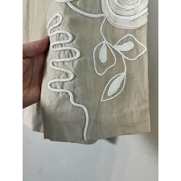 Retro Floral Linen Jacket M Tan Preppy Classic Chic Sequin Artsy Boho Western - Picture 11 of 14